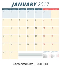 January 2017. Calendar Planner for 2017 Year. Week Starts Monday. Stationery Design. Vector Calendar Template