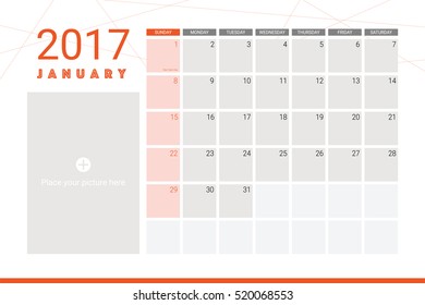 January 2017 calendar with space for picture