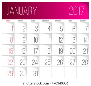 January 2017 calendar template. Week Starts on Sunday.