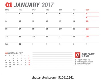 January 2017. Calendar Template for 2017 Year. Stationery Design. Week starts Monday. Business Planner Template with Place for Company Logo and Contact Information. Vector Illustration