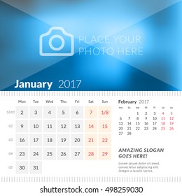 January 2017. Desk Calendar for 2017 Year. Week Starts Monday. 2 Months on Page. Vector Design Print Template with Place for Photo