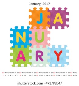 January 2017 puzzle calendar - vector illustration