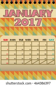 January 2017 Retro Calendar, starts with Sunday. Vector file contains isolated spiral binding layer geometric shapes in background. Whole set in my portfolio.