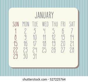 January 2017 vector calendar with hand drawn text over pastel blue striped background. Week starting from Sunday.