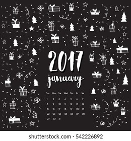 January 2017 vector calendar. Vector illustration. Winter theme doodle pattern on the  background. Can be used as printed or screen image.  "2017 January" hand drawn lettering