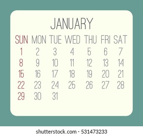 January 2017 vector calendar. Week starting from Sunday. Beige rounded rectangle over teal background.