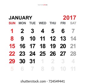 January 2017. Vector monthly calendar template 2017 year in simple style for template design. Week starts from Sunday.