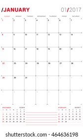 January 2017. Vector Print Template. Monthly Calendar Planner for 2017 Year. Week Starts Sunday. 3 Months on the Page. Stationery Design