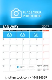 January 2017. Wall Calendar Planner Template for 2017 Year. Vector Design Print Template with Place for Photo and Notes. Week Starts Monday. 3 Months on Page