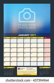 January 2017. Wall Calendar for 2017 Year. Vector Design Print Template with Place for Photo. Dark Background. Week Starts Monday. 3 Months on Page. Planner Template. Stationery Design