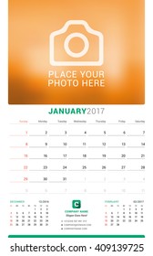 January 2017. Wall Monthly Calendar for 2017 Year. Vector Design Print Template with Place for Photo. Week Starts Sunday. 3 Months on Page
