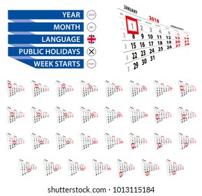 January 2018 calendar collection, highlighted day of January. Week starts from Monday. Vector Illustration.