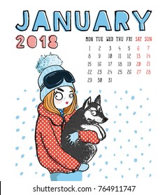 January. 2018 calendar. Cute girl with dog in winter. Can be used like greeting cards.