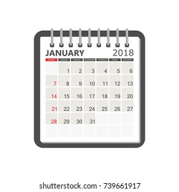 January 2018 calendar. Calendar notebook page template. Week starts on Sunday. Business vector illustration.