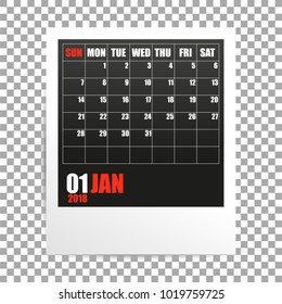 January 2018 calendar photo frame on transparent background. Winter month. Vector