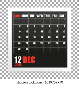January 2018 calendar photo frame on transparent background. Winter month. Vector