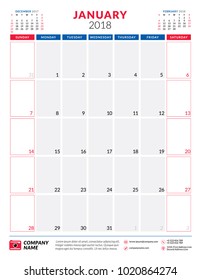 January 2018. Calendar planner design template. Portrait orientation. Week starts on Sunday. Stationery design