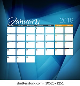 January 2018. Calendar planner design template with abstract background. Week starts on Monday