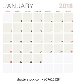 January 2018. Calendar planner design template. Week starts on Sunday. Stationery design