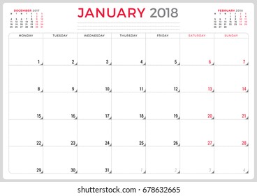 January 2018. Calendar planner design template. Week starts on Monday. Stationery design