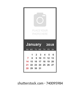 January 2018 calendar. Calendar planner design template with place for photo. Week starts on sunday. Business vector illustration.