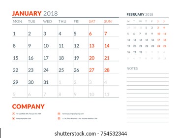 January 2018. Calendar planner design template. Week starts on Monday. Stationery design