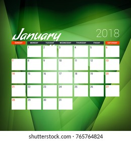 January 2018. Calendar planner design template with abstract green background. Week starts on Sunday