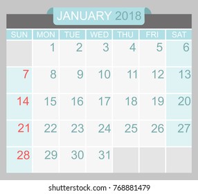 January 2018. Calendar planner design template. Week starts on Sunday.