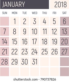January 2018 Calendar planner design template. Lokanichny style. Vector