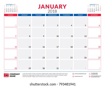 January 2018. Calendar planner design template. Week starts on Sunday. Stationery design