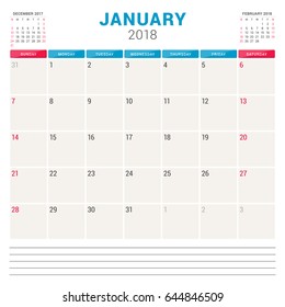 January 2018. Calendar planner vector design template. Week starts on Sunday. Stationery design