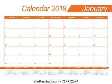 January 2018 calendar planner vector illustration, simple and clean design. 