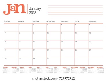 January 2018 calendar planner vector illustration, simple and clean design. 