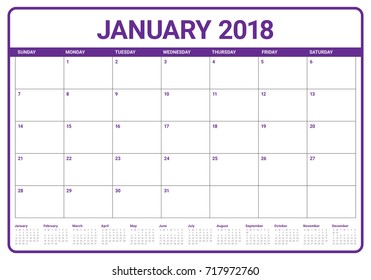 January 2018 calendar planner vector illustration, simple and clean design. 