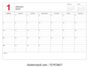 January 2018 calendar planner vector illustration, simple and clean design. 