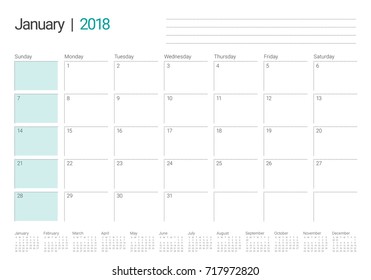 January 2018 calendar planner vector illustration, simple and clean design. 