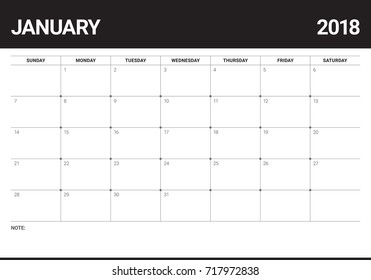 January 2018 calendar planner vector illustration, simple and clean design. 