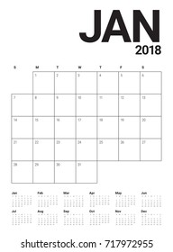 January 2018 calendar planner vector illustration, simple and clean design. 