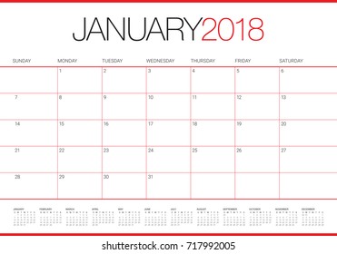 January 2018 calendar planner vector illustration, simple and clean design. 