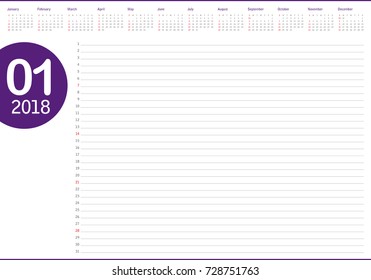 January 2018 calendar planner vector illustration, simple and clean design. 