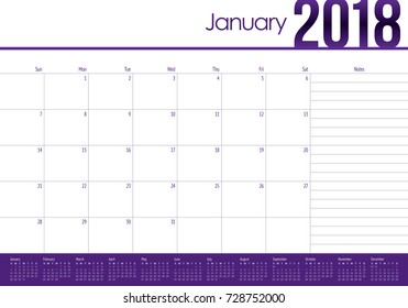 January 2018 calendar planner vector illustration, simple and clean design. 