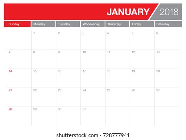 January 2018 calendar planner vector illustration, simple and clean design. 