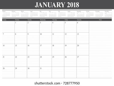 January 2018 calendar planner vector illustration, simple and clean design. 
