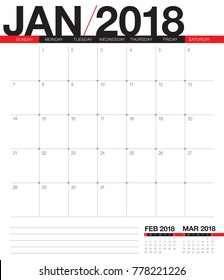 January 2018 calendar planner vector illustration, simple and clean design. 