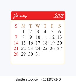January 2018 calendar. Calendar sticker design template. Week starts on Sunday. Business vector illustration.