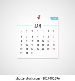 January 2018 calendar. Calendar sticker design template. Week starts on Monday. Business vector illustration.