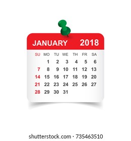 January 2018 calendar. Calendar sticker design template. Week starts on Sunday. Business vector illustration.