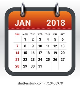 January 2018 calendar vector illustration, simple and clean design.