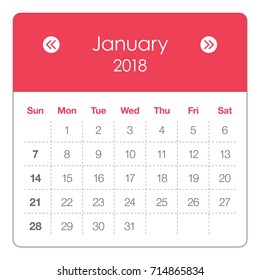 January 2018 calendar vector illustration, simple and clean design.