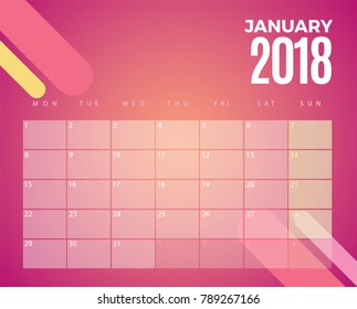January 2018 Calendar. Vector schedule planner template design
